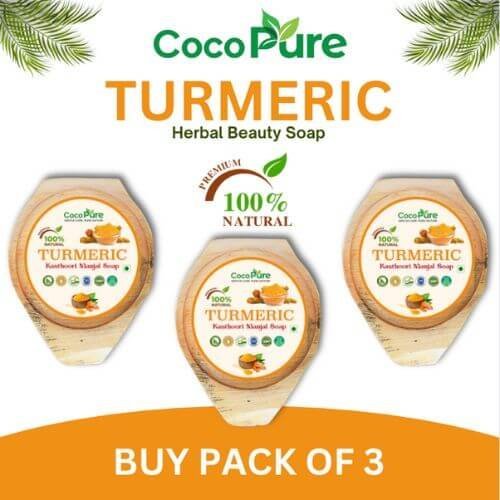 Cocopure Kerala Herbal Ayurvedic Turmeric Kasthoori Manjal handmade Bath Soap for all Skin Types - Pack of 3